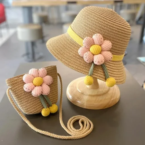 Little Trendy Baby Hair Accessories*- Sun Protection Beach Straw Hat & Flower Straw Bag, 2Pcs Set