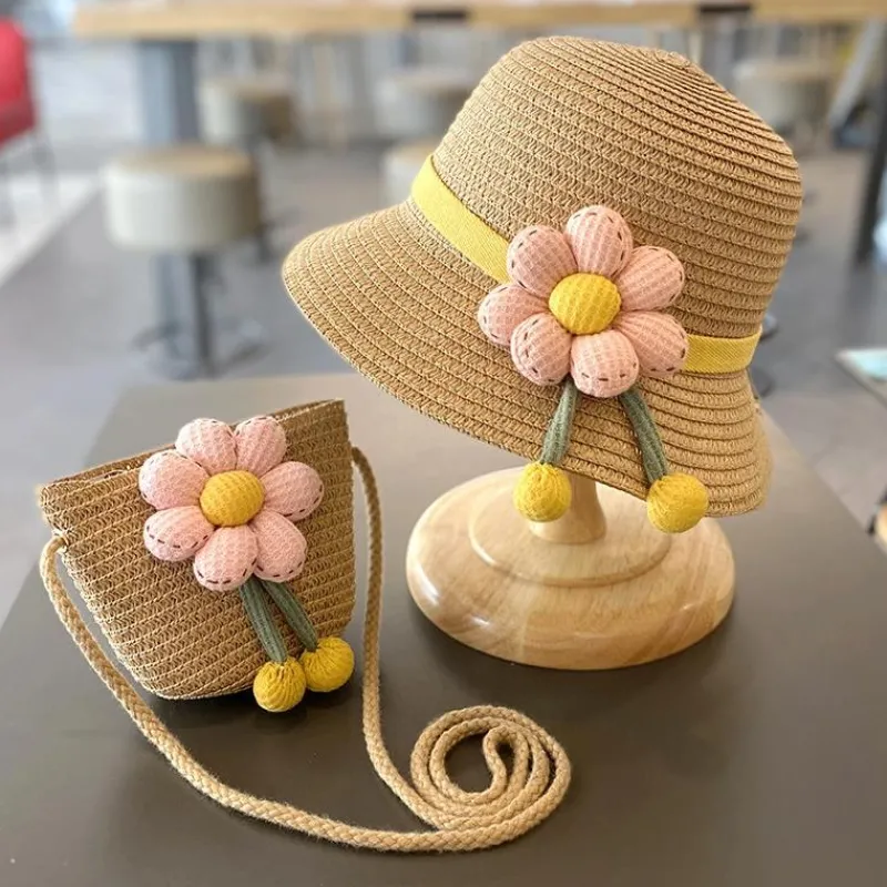 Little Trendy Baby Hair Accessories*- Sun Protection Beach Straw Hat & Flower Straw Bag, 2Pcs Set