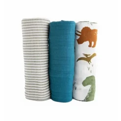 Little Unicorn Blankets & Quilts*- 3Pk Cotton Muslin Swaddle, Dino Friends 2