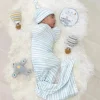 Living Textiles Blanket Gift Set*- Baby Gift Set, Hello World, Premium Cotton Jersey Swaddle and Beanie, Blue Bird Stripes