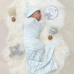 Living Textiles Blanket Gift Set*- Baby Gift Set, Hello World, Premium Cotton Jersey Swaddle and Beanie, Blue Bird Stripes