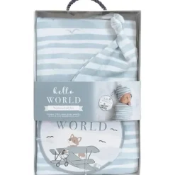 Living Textiles Blanket Gift Set*- Baby Gift Set, Hello World, Premium Cotton Jersey Swaddle and Beanie, Blue Bird Stripes