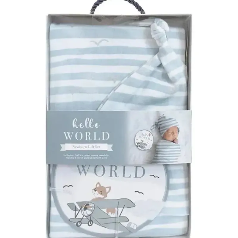 Living Textiles Blanket Gift Set*- Baby Gift Set, Hello World, Premium Cotton Jersey Swaddle and Beanie, Blue Bird Stripes