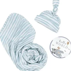 Living Textiles Blanket Gift Set*- Baby Gift Set, Hello World, Premium Cotton Jersey Swaddle and Beanie, Blue Bird Stripes