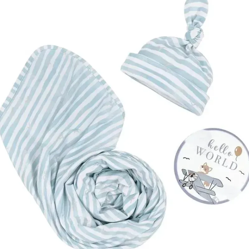 Living Textiles Blanket Gift Set*- Baby Gift Set, Hello World, Premium Cotton Jersey Swaddle and Beanie, Blue Bird Stripes