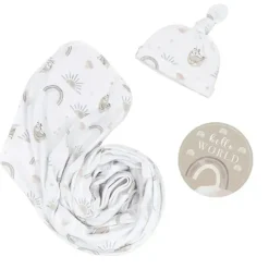 Living Textiles Blanket Gift Set*- Baby Gift Set, Hello World, Premium Cotton Jersey Swaddle and Beanie, Rainbow Sloth