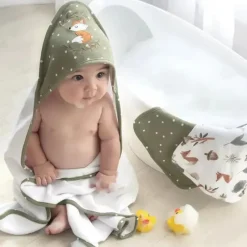Living Textiles Baby Bath Towels*- Baby Hooded Towel, Forest Retreat Green