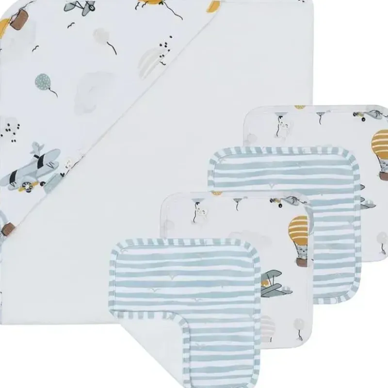 Living Textiles Bath Gift Set|Baby Bath Towels*- Baby Hooded Towel 5pc Bath Gift Set, Up up and Away, Blue