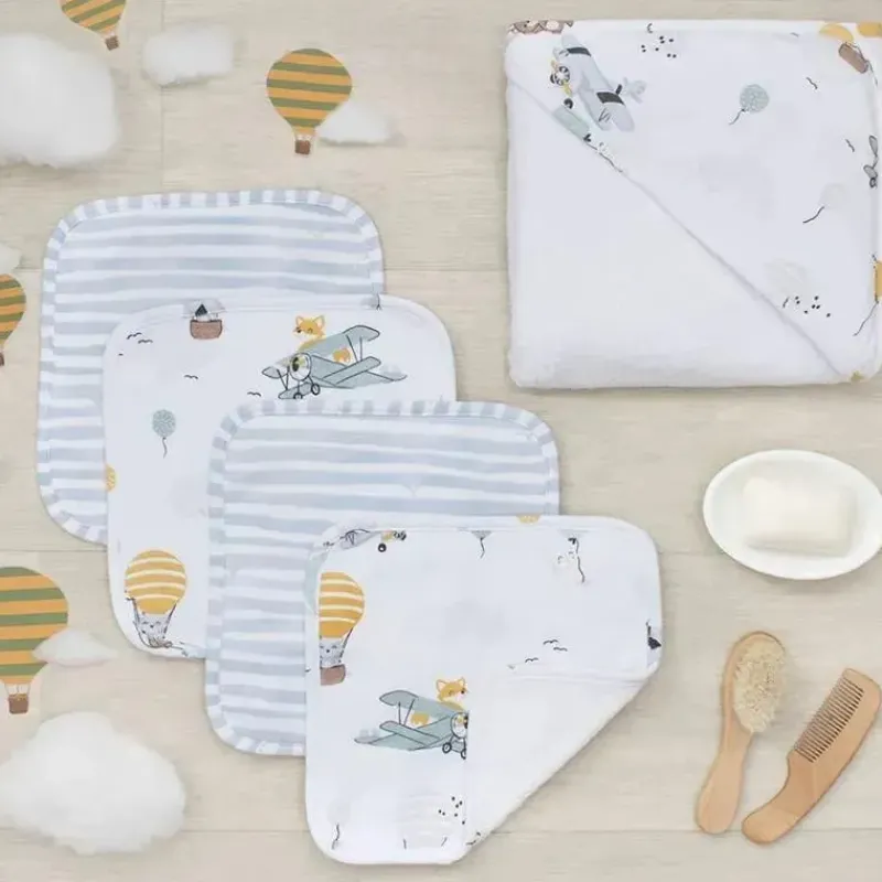 Living Textiles Bath Gift Set|Baby Bath Towels*- Baby Hooded Towel 5pc Bath Gift Set, Up up and Away, Blue