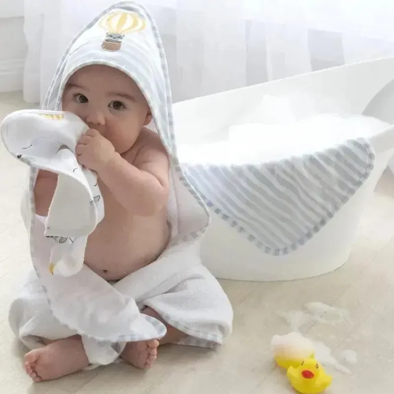 Living Textiles Bath Gift Set|Baby Bath Towels*- Baby Hooded Towel 5pc Bath Gift Set, Up up and Away, Blue
