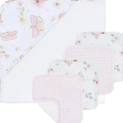 Living Textiles Bath Gift Set|Baby Bath Towels*- Baby Hooded Towel 5pc Bath Gift Set, Fly Away, Pink