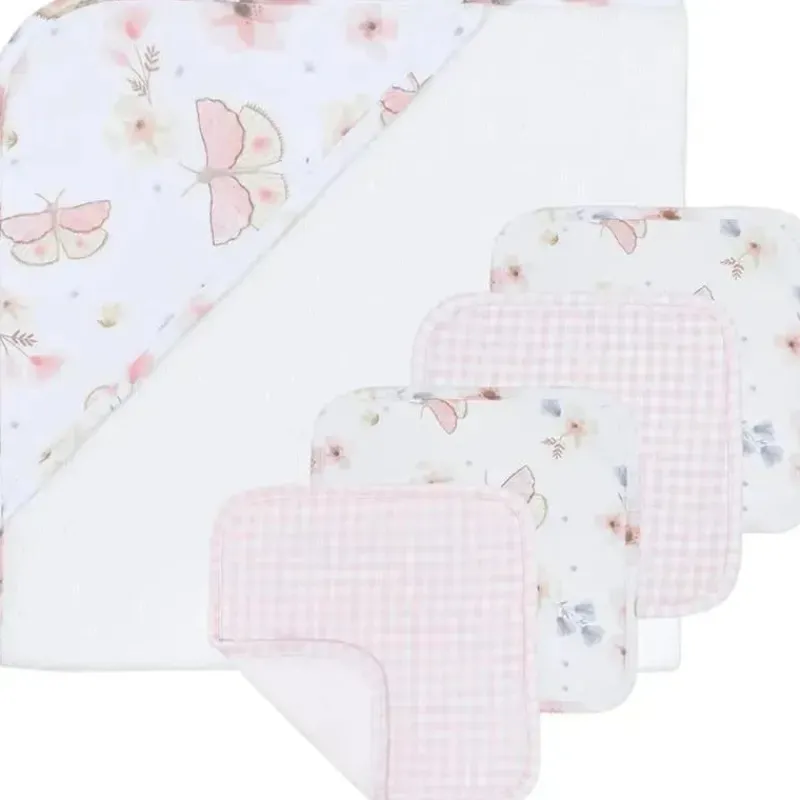 Living Textiles Bath Gift Set|Baby Bath Towels*- Baby Hooded Towel 5pc Bath Gift Set, Fly Away, Pink