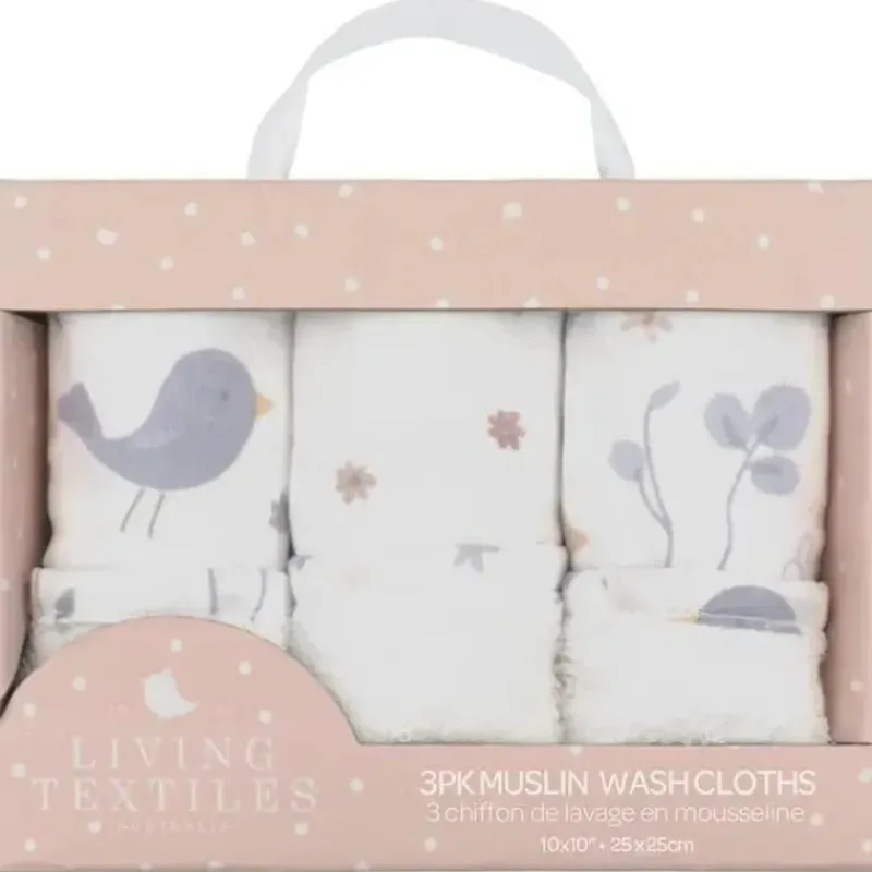 Living Textiles Baby Washcloths*- 3Pk Sweet Tweet Muslin Wash Cloths