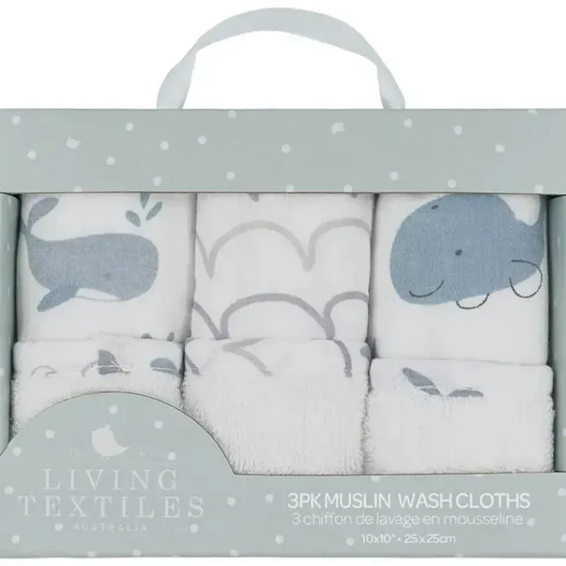 Living Textiles Baby Washcloths*- 3Pk Whale Of A Time Muslin Wash Cloths