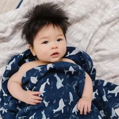 Loulou LOLLIPOP Wearable Blankets*- Muslin Swaddle, Blue Whales