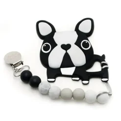 Loulou LOLLIPOP Toys For 0-12 Months|Gift For Baby*- Silicone Teether With Clip Boston Terrier, Black