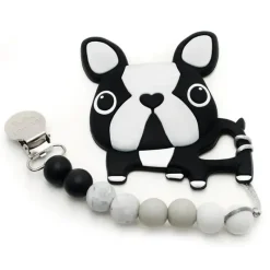 Loulou LOLLIPOP Toys For 0-12 Months|Gift For Baby*Silicone Teether With Clip Boston Terrier Black
