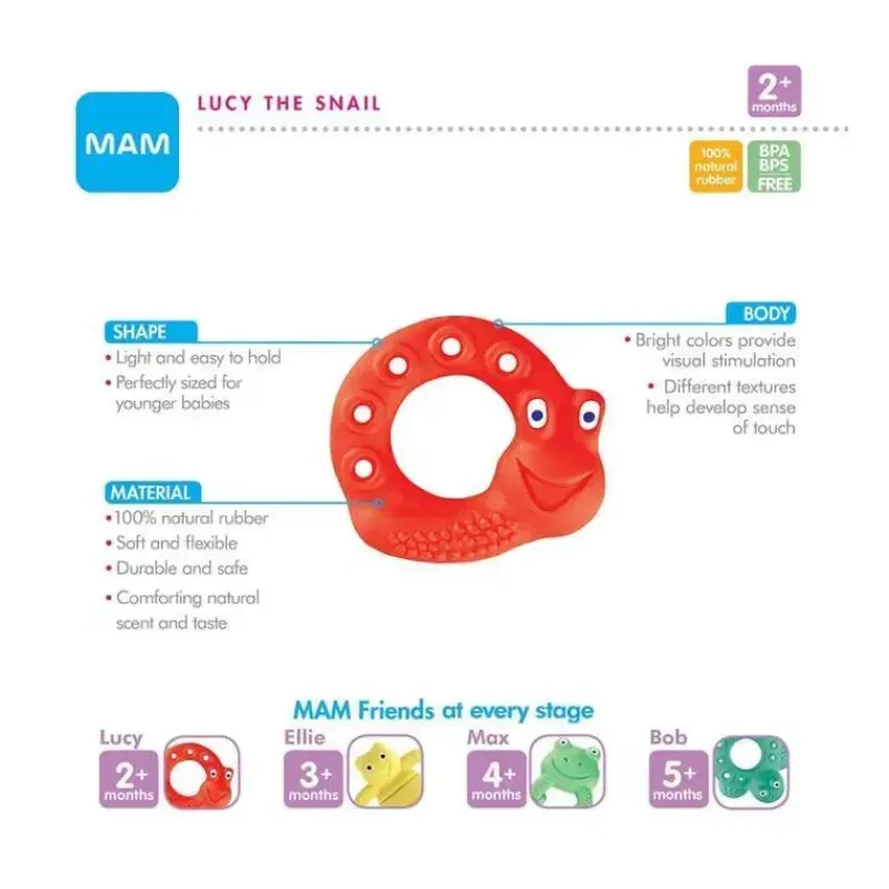 Mam Rattles & Teethers|Toys For 0-12 Months*Friends, Lucy The Snail, Red, 2+ Months, Red