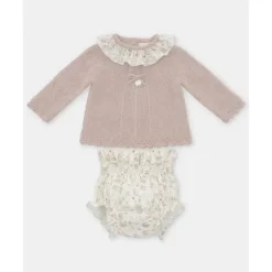 Martin Aranda Baby Sets*- Baby Girl Peonia Set Sweater Matching Bloomer, Rosa Palo