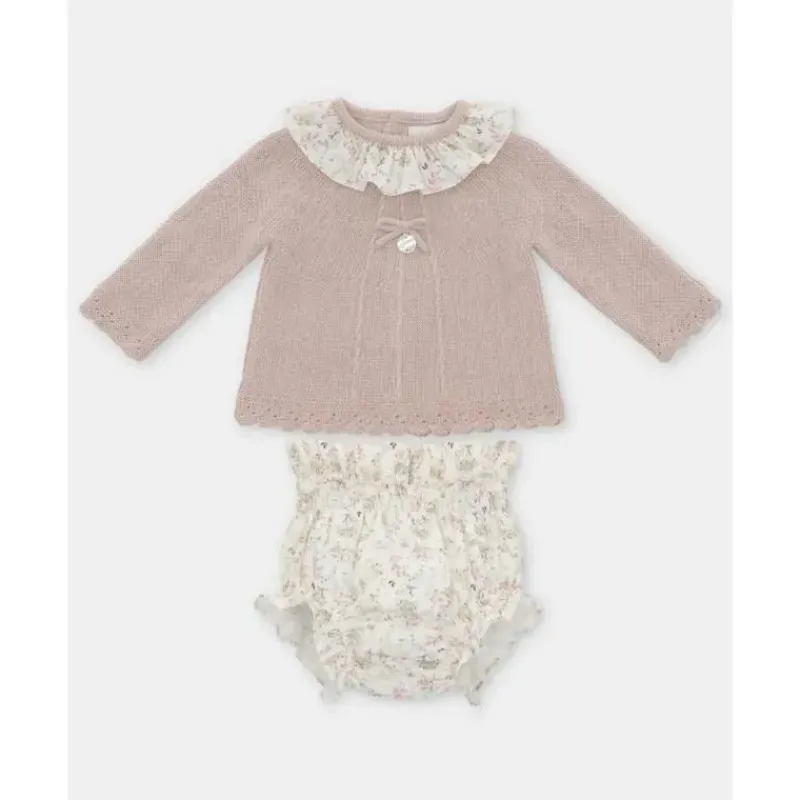 Martin Aranda Baby Sets*- Baby Girl Peonia Set Sweater Matching Bloomer, Rosa Palo