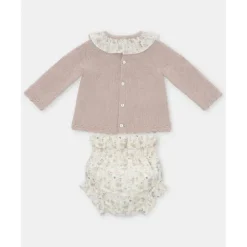 Martin Aranda Baby Sets*- Baby Girl Peonia Set Sweater Matching Bloomer, Rosa Palo