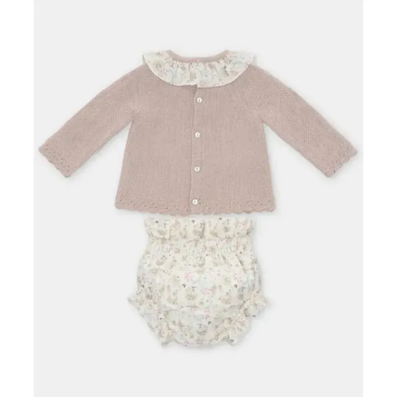 Martin Aranda Baby Sets*- Baby Girl Peonia Set Sweater Matching Bloomer, Rosa Palo