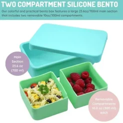 Melii Food Storage*- 100% Silicone Bento Box with Removable Dividers, 2 Compartments, Blue Mint
