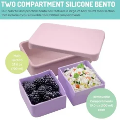Melii Food Storage*- 100% Silicone Bento Box with Removable Dividers, 2 Compartments, Pink Purple