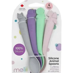 Melii Utensils & Accessories|Dishes, Utensils & Food Containers*- 100% Silicone Spoons, Baby and Toddler Feeding, BPA Free, 4 Piece Set, Dog, Cat, Unicorn, & Dino