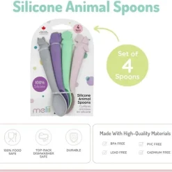 Melii Utensils & Accessories|Dishes, Utensils & Food Containers*- 100% Silicone Spoons, Baby and Toddler Feeding, BPA Free, 4 Piece Set, Dog, Cat, Unicorn, & Dino