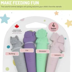 Melii Utensils & Accessories|Dishes, Utensils & Food Containers*- 100% Silicone Spoons, Baby and Toddler Feeding, BPA Free, 4 Piece Set, Dog, Cat, Unicorn, & Dino