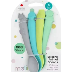 Melii Baby Shark|Utensils & Accessories*- 100% Silicone Spoons, Baby and Toddler Feeding, BPA Free, 4 Piece Set, Shark, Dino, Bulldog, and Bear