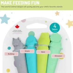 Melii Baby Shark|Utensils & Accessories*- 100% Silicone Spoons, Baby and Toddler Feeding, BPA Free, 4 Piece Set, Shark, Dino, Bulldog, and Bear