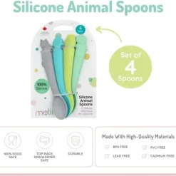 Melii Baby Shark|Utensils & Accessories*- 100% Silicone Spoons, Baby and Toddler Feeding, BPA Free, 4 Piece Set, Shark, Dino, Bulldog, and Bear