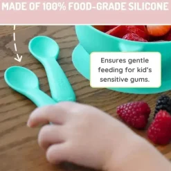 Melii Baby Shark|Utensils & Accessories*- 100% Silicone Spoons, Baby and Toddler Feeding, BPA Free, 4 Piece Set, Shark, Dino, Bulldog, and Bear