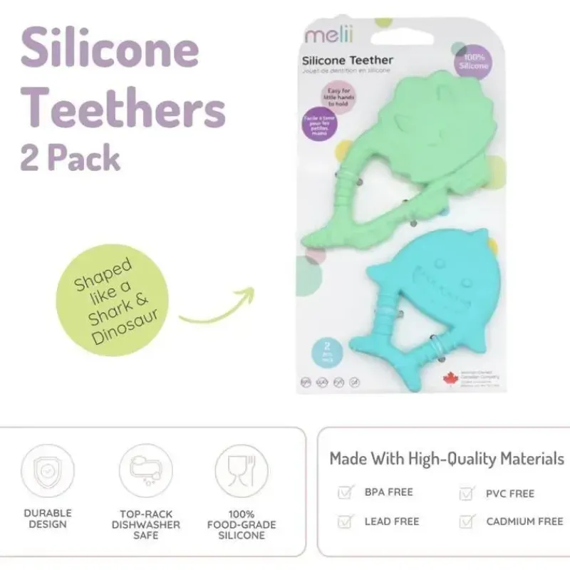 Melii Baby Shark*- Baby Teethers, 100% Food Grade Silicone, Multiple Textures, BPA Free, Dino & Shark