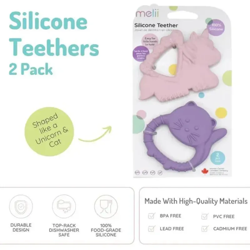 Melii Toys For 0-12 Months|Gift For Baby*- Baby Teethers, 100% Food Grade Silicone, Multiple Textures, BPA Free, Unicorn & Cat