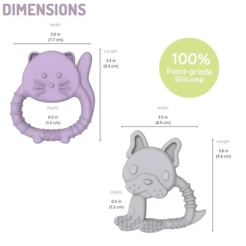 Melii Toys For 0-12 Months|Gift For Baby*- Baby Teethers, 100% Food Grade Silicone, Multiple Textures, BPA Free, Bulldog & Cat