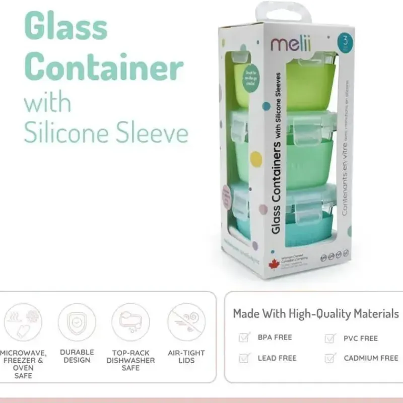 Melii Food Storage*- Glass Food Storage Containers with Silicone Sleeve, 5.4oz, Mint, Blue, Lime