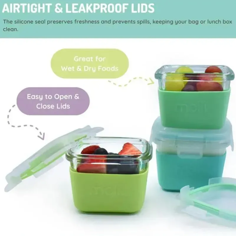 Melii Food Storage*- Glass Food Storage Containers with Silicone Sleeve, 5.4oz, Mint, Blue, Lime
