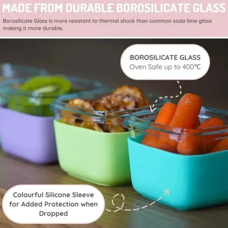 Melii Food Storage*- Glass Food Storage Containers with Silicone Sleeve, 5.4oz, Mint, Blue, Lime