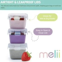 Melii Food Storage*- Glass Food Storage Containers with Silicone Sleeve, 5.4oz, Pink, Purple, Grey