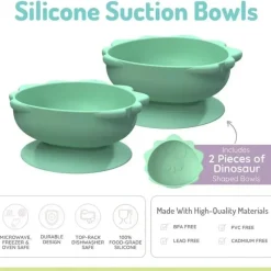 Melii Suction Plates & Bowls|Food Feeder*- Silicone Suction Bowls for Babies and Toddlers, 10.1 oz - 2 Pack, Dino Green