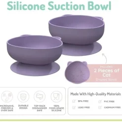 Melii Suction Plates & Bowls|Food Feeder*- Silicone Suction Bowls for Babies and Toddlers, 10.1 oz - 2 Pack, Cat Purple
