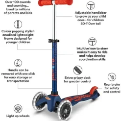 Kids Micro Kickboard Ride-On Toys|Toys For 3 Year Old*- Mini Deluxe LED 3-Wheeled, Navy Blue