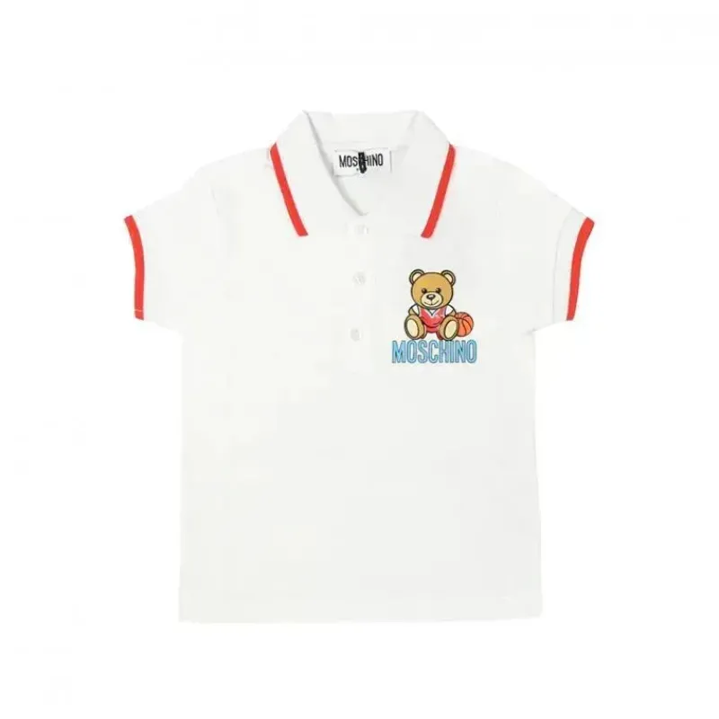 Moschino Baby Tops*- Baby Boy Polo Tee With Basketball Bear Logo, White
