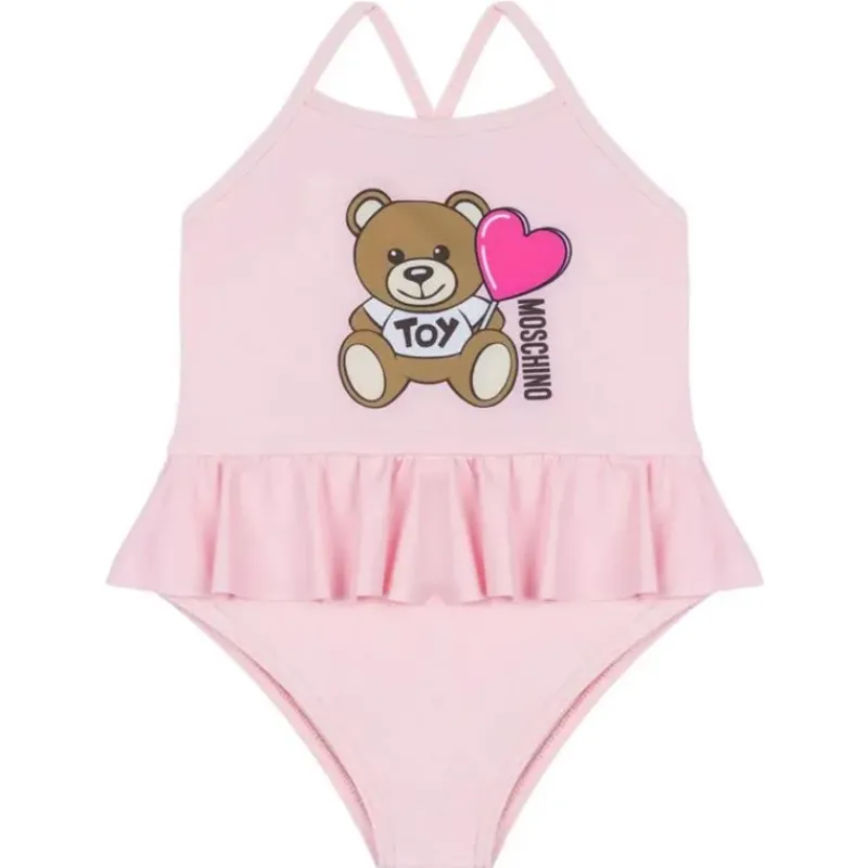 Moschino Baby Swimming Clothes*Baby - Girl Ruffled Swimsuit With Bear Heart Print, Light Pink
