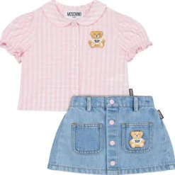 Moschino Baby Sets*Baby - Girl Short Sleeve Gingham Blouse Bear Patch Denim Skirt