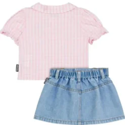 Moschino Baby Sets*Baby - Girl Short Sleeve Gingham Blouse Bear Patch Denim Skirt