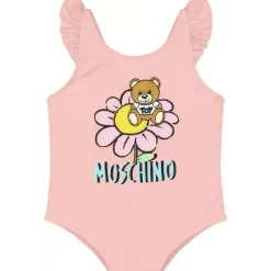 Moschino Baby Swimming Clothes*Baby - Girls Ruffle Swimsuit With Bear Logo Flower Print, Sugarrose